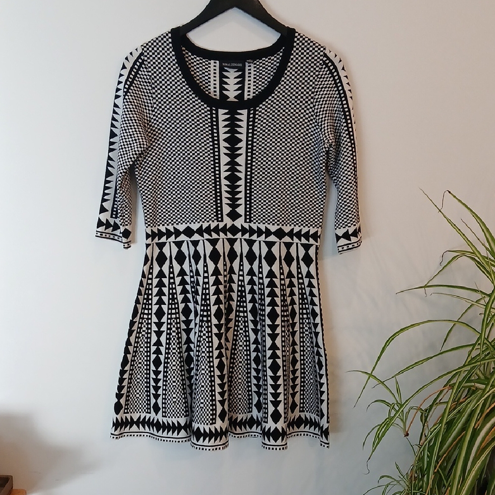 Nina Leonard Black and White Geometric Fit-and-Flare Midi Dress